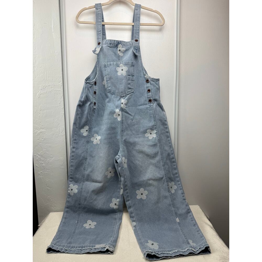 Floral Boho Light Demin Jean Overalls Wide Leg with Daisies Size Small